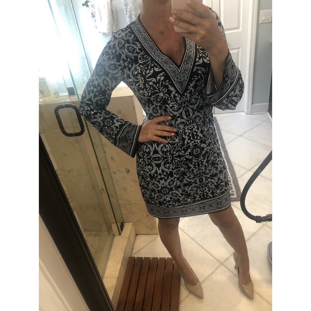 White House Black Market Stretch Jersey Blue Casual Dress S Embroidered V Neck